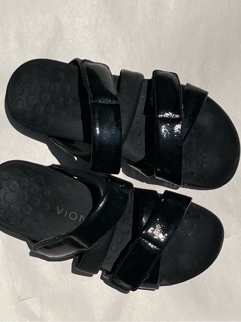 Vionic Black Patent Triple-Strap Slide Sandals